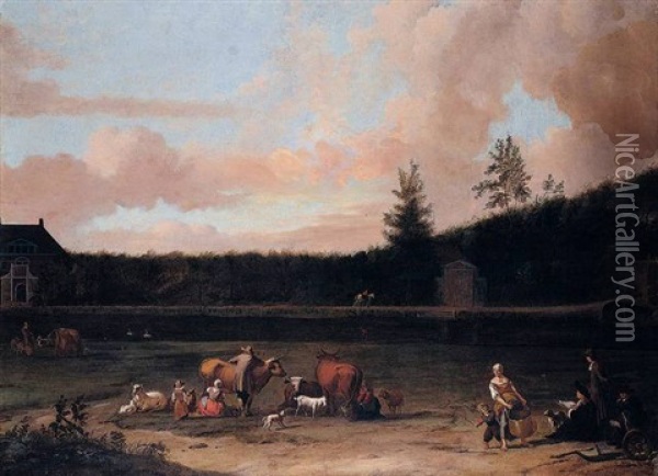 A River Landscape With The Artist In The Foreground Sketching A House Oil Painting - Ludolf Backhuysen the Elder