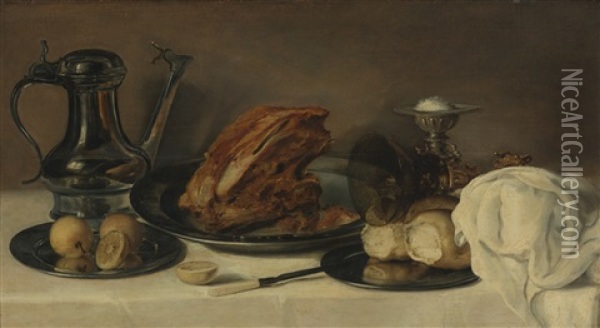 Still Life With A Pewter Jug, A Ham On A Pewter Plate, Lemons, Bread, A Gilt Mounted Roemer And Other Objects On Table Covered In A White Cloth Oil Painting - Franchoys Elout