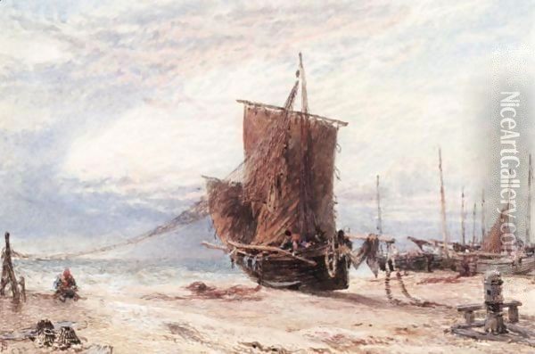 A Beach Scene Oil Painting - Myles Birket Foster