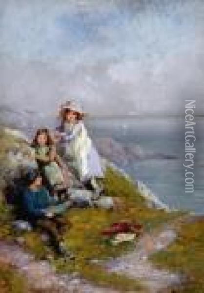 Coastal Scene With Children On A Cliff Oil Painting - Paul Jacob Naftel