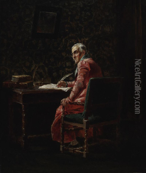 A Cardinal At His Writing Table Oil Painting - Gustaf Olaf Cederstrom