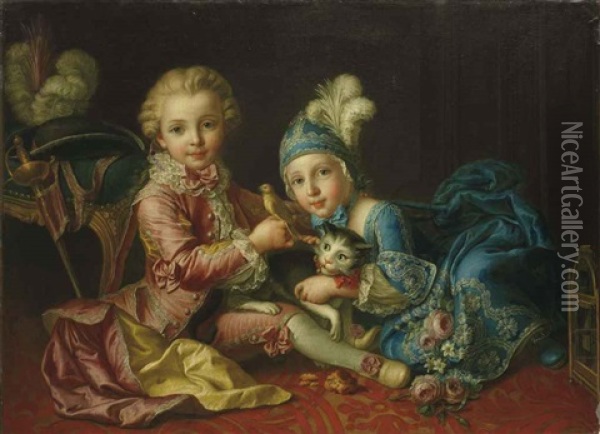 Portrait De Deux Enfants Jouant Avec Un Chat Et Un Canari Oil Painting - Francois Hubert Drouais