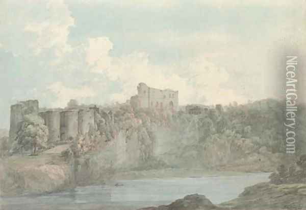 Chepstow Castle from across the River Wye Oil Painting - John Webber