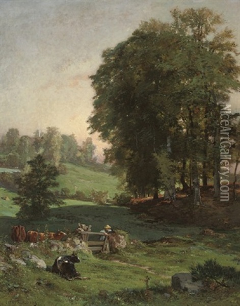 Minding The Herd At Dusk Oil Painting - Jules (Joseph Augustin) Laurens