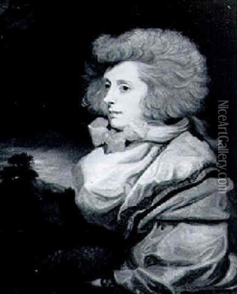 Portrait Of Jane Elizabeth Scott, Countess Of Oxford, Seated Half Length, Before A Landscape Oil Painting - Sir John Hoppner
