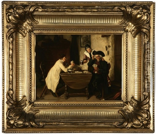 Card Players And Barmaid In An Interior Oil Painting - Hermann Bethke