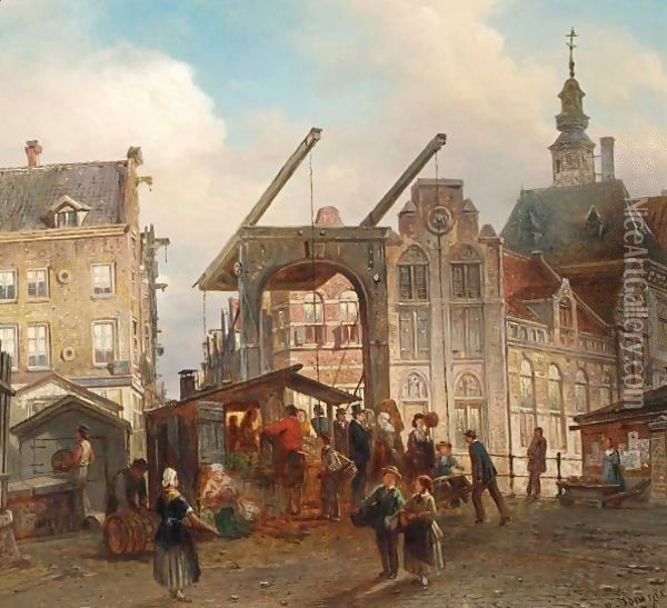 Many Figures Near A Drawbridge In A Dutch Town Oil Painting - Elias Pieter van Bommel