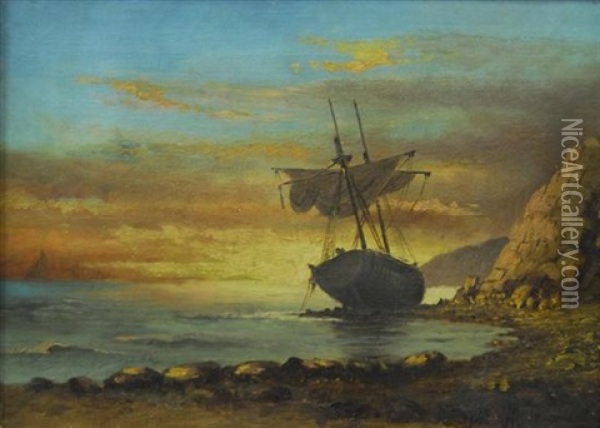 Ship Run Aground At Sunset Oil Painting - Thomas Moran