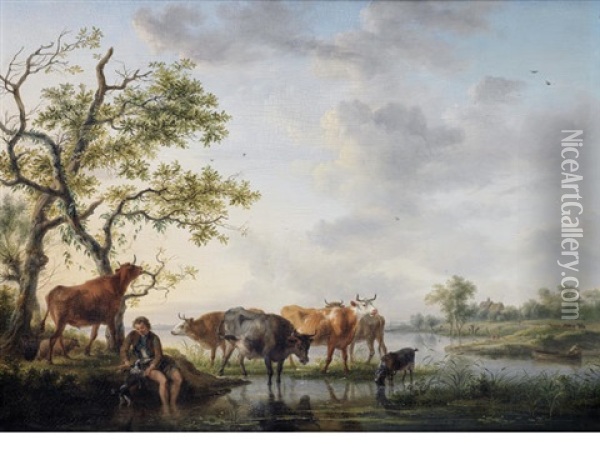 A River Estuary With A Drover And His Flock By The Bank, A Boat, Bathers And A Cottage Beyond Oil Painting - Balthasar Paul Ommeganck