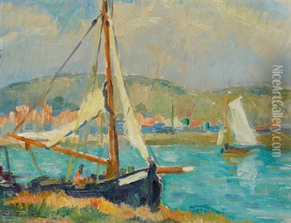 Peniche Bleue Accostee A La Berge Oil Painting - Robert Antoine Pinchon