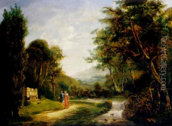 Arkadische Landschaft Mit Jungem Paar Am Ufer Eines Kleinen Baches Mit Katarakt Oil Painting - Carl Philipp Schallhas