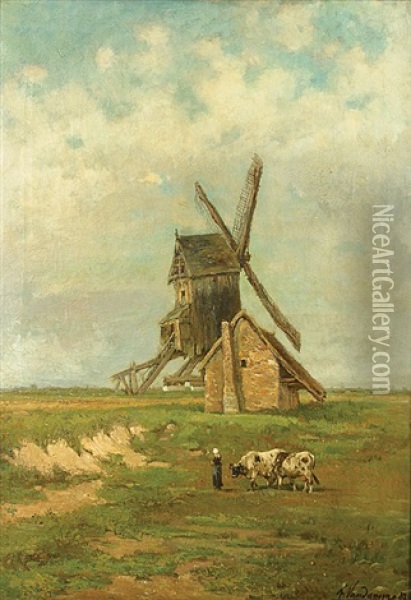 Boerinnetje Met Koeien Nabij De Molen Oil Painting - Frans Van Damme