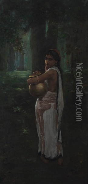 Untitled (woman With Pitcher) Oil Painting - Hemen Mazumdar