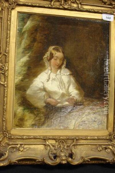 Girl Reading A Letter Oil Painting - Alfred Joseph Woolmer