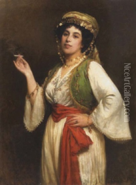 A Portrait Of A Woman In Oriental Dress Holding A Cigarette Oil Painting - Charles Edward Marshall