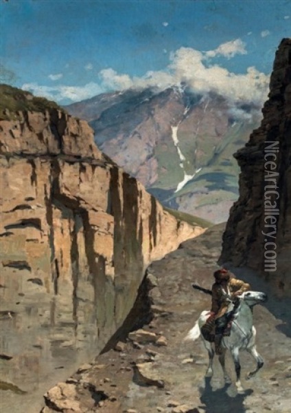 Oriental A Cheval Dans Un Paysage Montagneux Oil Painting - Franz Roubaud