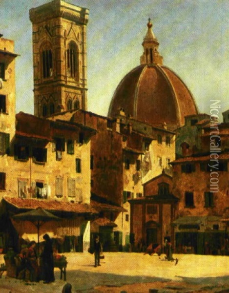 Det Gamle Torv, Mercato Vecchio, I Firenze, I Baggrunden Domkirken Kuppel Oil Painting - August Fischer