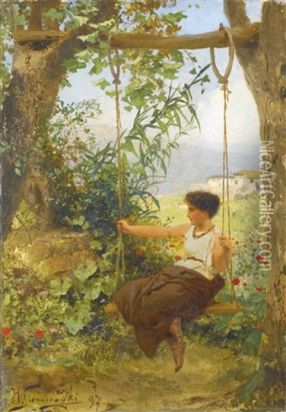 Girl On A Swing Oil Painting - Henryk Siemiradzki