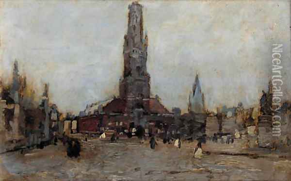 A square in Bruges Oil Painting - Guglielmo Ciardi