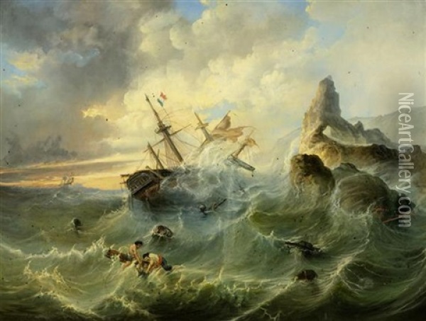 Schiffe Und Figuren In Einer Sturmischen See Oil Painting - George Samuel