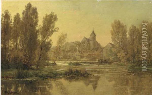 Eglise De Montigny-sur-loing, Seine Et Marne: View On The Church Of Montigny Oil Painting - Alexandre Rene Veron