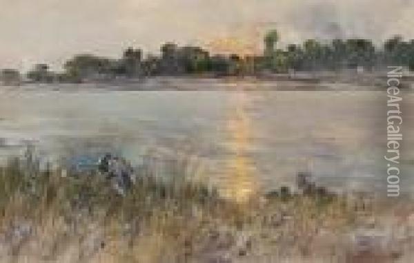 A Gathering On The Riverbank, Dusk Oil Painting - Giuseppe Casciaro