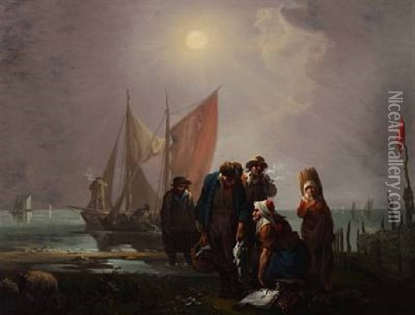 Fiskere Pa Stranden Med Deres Fangst Oil Painting - Christian August Lorentzen
