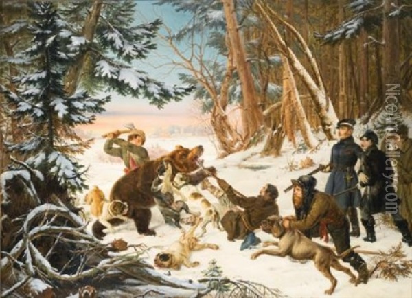 The Tsarevich Alexander Nikolaevich On A Bearhunt On The Outskirts Of Moscow Oil Painting - Otto Grashof