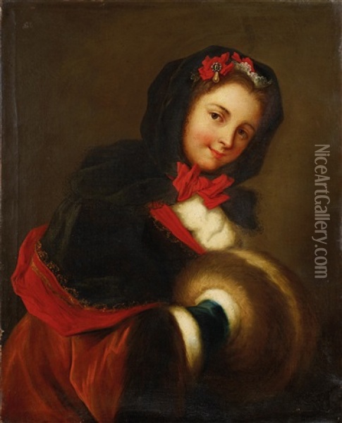 Junge Frau Mit Muff, Allegorie Des Winters Oil Painting - Charles-Antoine Coypel
