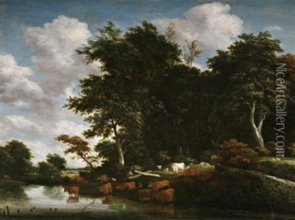 Grose Waldlandschaft Am Wasser, Am Ufer Eine Kuhherde Oil Painting - Jacob Salomonsz van Ruysdael