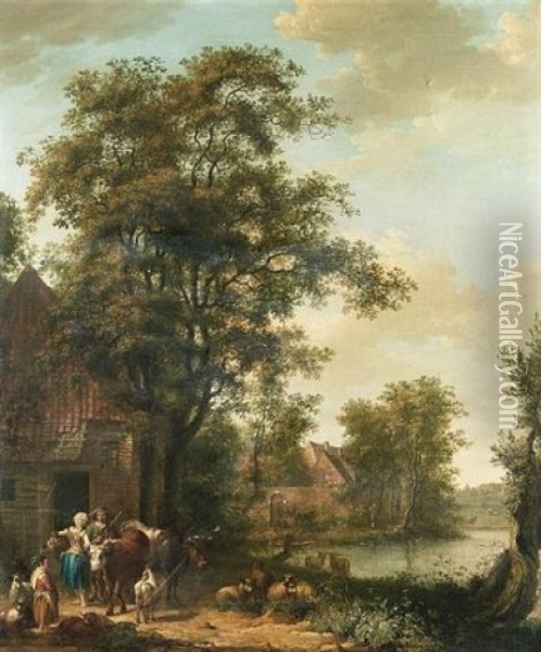 A Milkmaid And Goatherd With A Young Girl And Their Livestock Outside A Cottage, A River, A Village And A Meadow Beyond Oil Painting - Pieter Barbiers the Elder