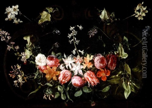 Blumengirlande Mit Rosen, Tulpen, Narzissen, Geisblatt Und Efeu Vor Einer Steinkartusche Oil Painting - Christiaan Luycks
