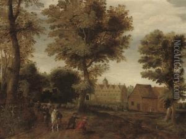 A Wooded Landscape With Elegant Company On A Track, A Palace Beyond Oil Painting - Esaias Van De Velde