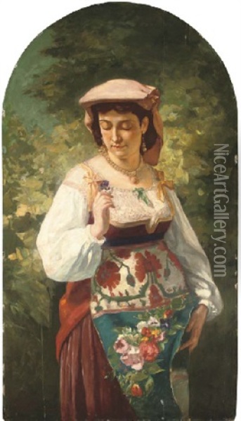 An Italian Beauty Holding A Flower Oil Painting - Aleksandr Davidovitch Drevin