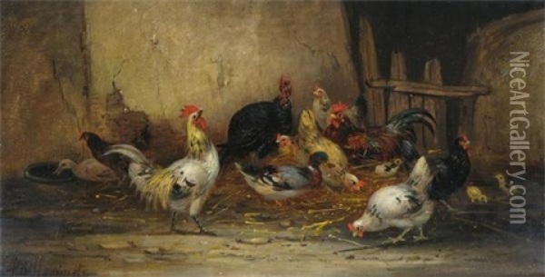 Chickens In A Barn Oil Painting - Claude Guilleminet