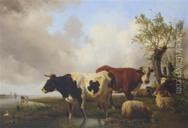 Een Hollandsch Landschap Met Vee Aan Een Water: Cattle By The Waterside Oil Painting - Hendrik van de Sande Bakhuyzen