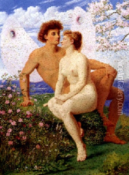 Amor Og Psyke I Blomsterne Bjerglandskab Oil Painting - Rudolf Blind