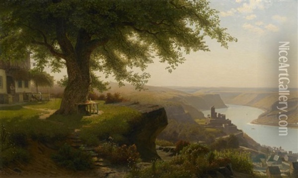 Blick Auf Burg Katz, Im Hintergrund Die Loreley Oil Painting - Christian Eduard Boettcher