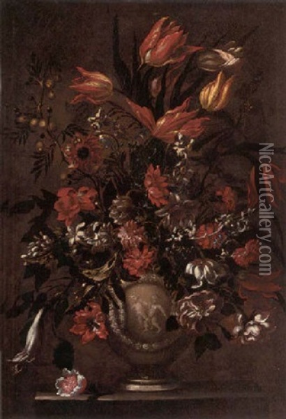 Tulip, Carnations, Narcissi, A Lily And Other Flowers In A Vase Decorated With Putti On A Ledge Oil Painting - Bartolome Perez