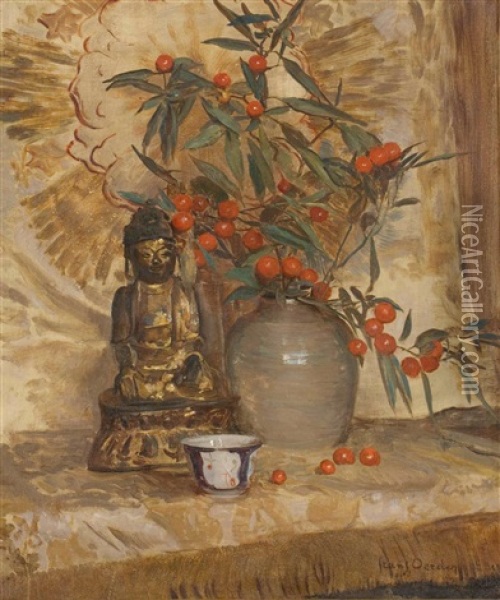 Still Life With A Buddha And A Bowl Of Fruiting Hawthorn Oil Painting - Frans David Oerder