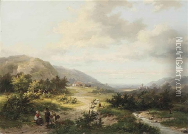 A Hilly Landscape With Travellers And A Shepherd On A Track, A Castle In The Distance Oil Painting - Marinus Adrianus Koekkoek