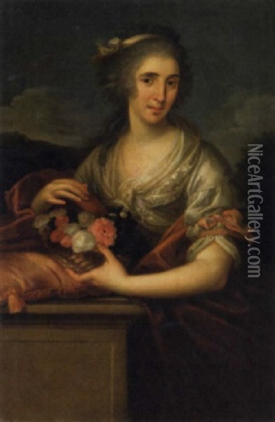 A Portrait Of A Lady Holding A Basket Of Flowers Oil Painting - Anton Raphael Mengs