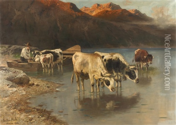 Hutejunge Mit Rindern Am Ufer Eines Gebirgssees Oil Painting - Christian Friedrich Mali