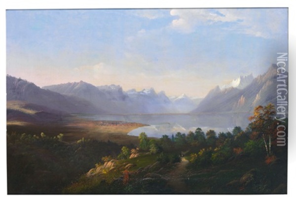 Blick Uber Den Genfer See Auf Genf Und Alpenpanorama Oil Painting - Ludwig Eduard Boll