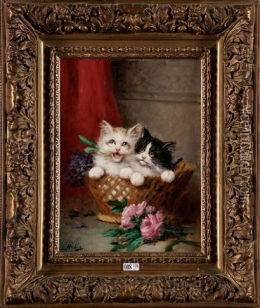 Chatons Dans Un Panier De Fleurs Oil Painting - Leon Charles Huber