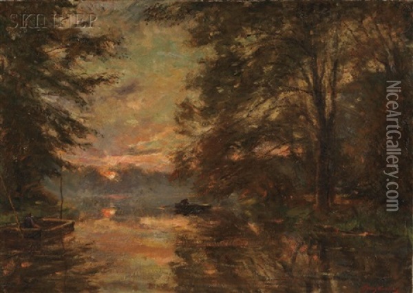 Lake View With Boaters At Sunset Oil Painting - Franz Courtens