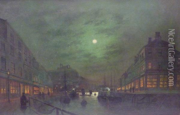 Moonlit Dock Scene With Abbey In The Background Oil Painting - John Atkinson Grimshaw