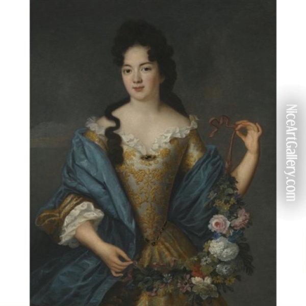 Portrait Of A Lady, Half Length, Wearing An Embroidered Dress With A Blue Shawl, Holding A Garland Of Flowers Oil Painting - Nicolas de Largilliere
