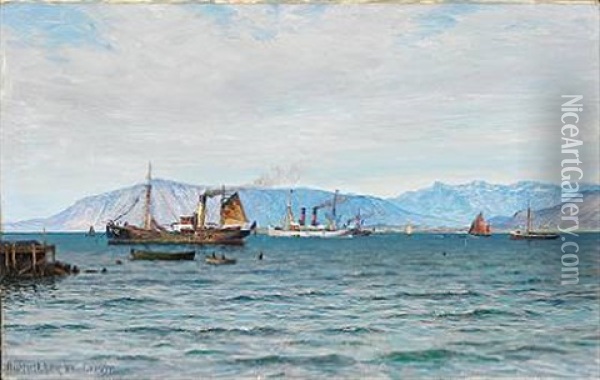 Coastal Scene With Several Ships Near Reykjavik During The King Frederik Viii's Visit To Iceland Oil Painting - Vilhelm Karl Ferdinand Arnesen