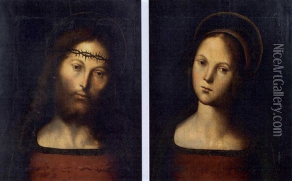 Christ As The Man Of Sorrows (+ The Madonna; Pair) Oil Painting - Pietro Perugino